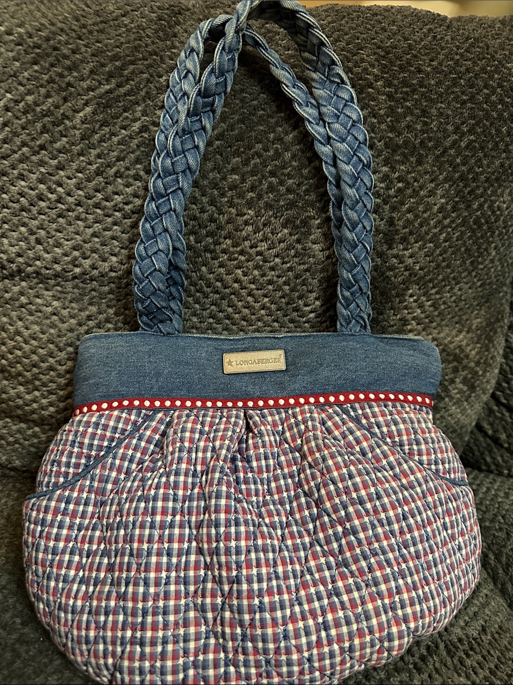 Longaberger Quilted Blue Plaid Shoulder Bag with Red Trim